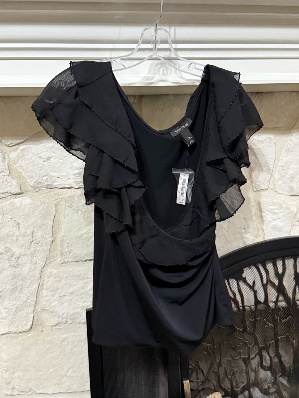 White House Black Market Black Wrap Ruffle Sleeve Top